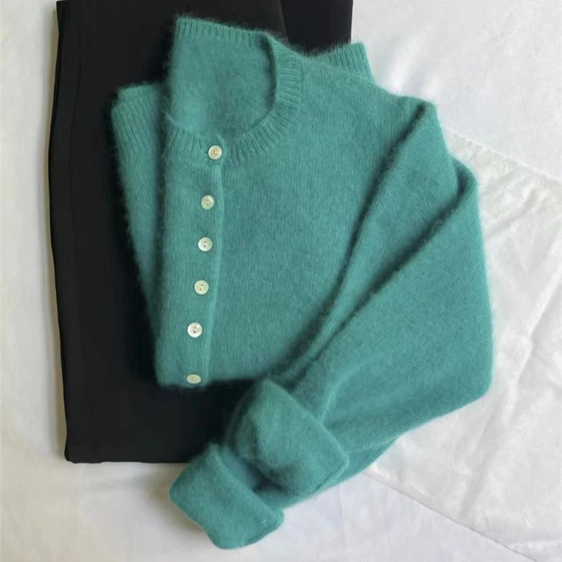 Mohair Knitted Cardigan Vintage Women Autumn Outwear Sweater Coat Loose Elegant Long Sleeve Tops 240130