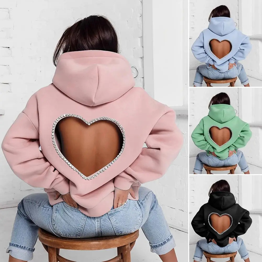 Women Hoodie Heart Shape Backless Hollow Out Winter Hoodie Solid Color Rhinestone Spring Hoodie Women's Clothing For Club 240119