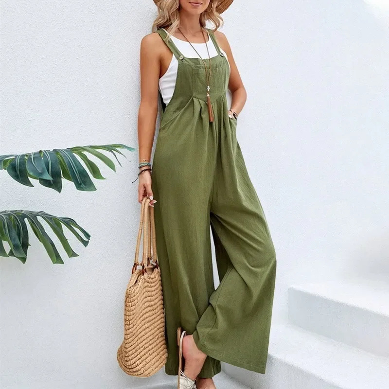 Vintage Cotton Linen Jumpsuit Women Casual Solid Button Wide Leg Suspender Pants with Pockets Summer Loose Overalls Rompers 240129