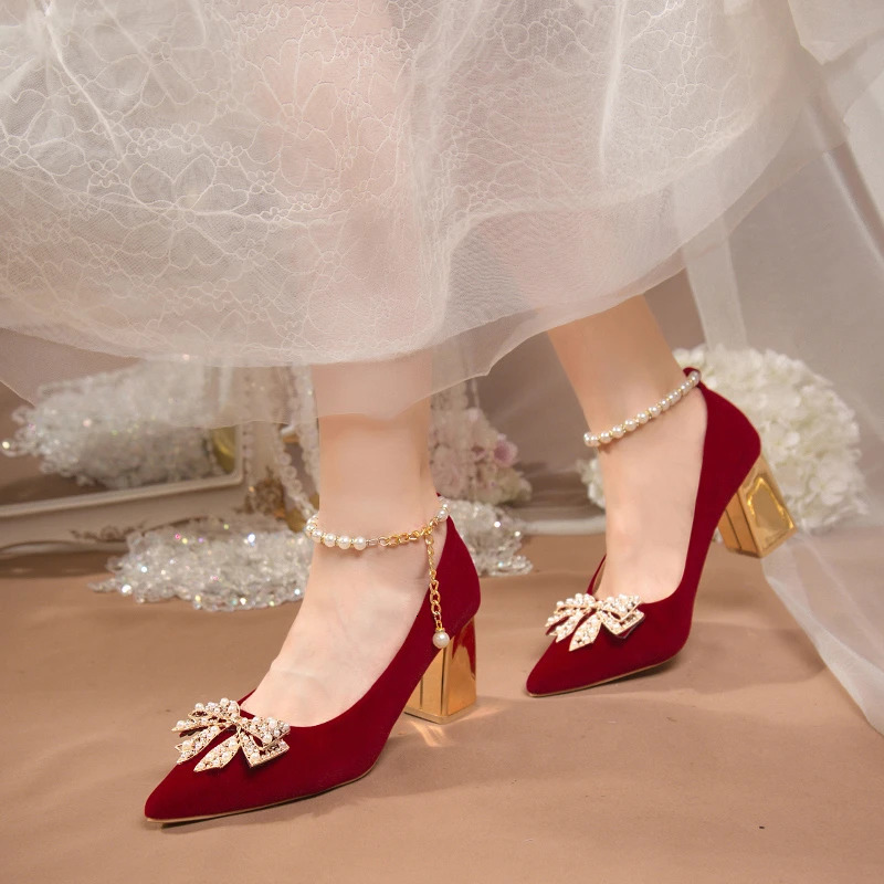 Red Pearl Bowknot Wedding Party Shoes for Women String Bead Thin Heels Pumps Ladies Ankle Strap Pointed Toe High 240119