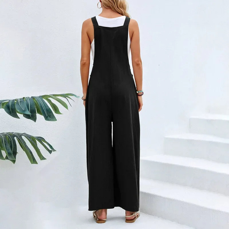 Vintage Cotton Linen Jumpsuit Women Casual Solid Button Wide Leg Suspender Pants with Pockets Summer Loose Overalls Rompers 240129