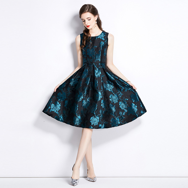 High QUALITY est Runway Dress Vintage Temperament Gold Silk Jacquard Sleeveless Vestidos 210520