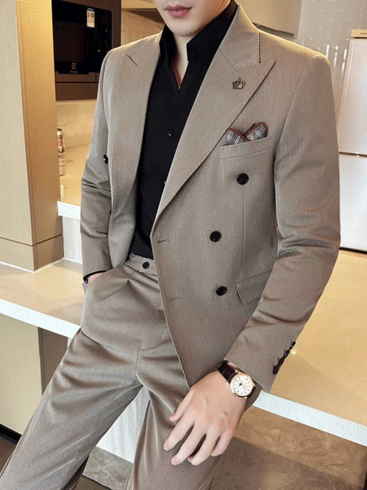 Korean Slim Fitt Double Breasted Suit Jacket Men Clothing Autumn Casual Business Blazers Office Social Wedding Dress Coat 240201