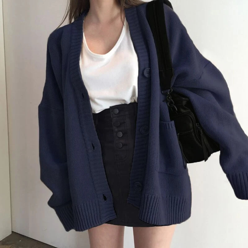 Autumn Womens Sweater Fashion Vneck Vintage Knitted Cardigan Korean Loose Solid Sweaters Female 240130