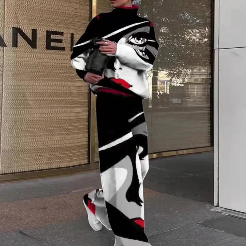 Autumn Winter Warm Pants Sets Fashion Printing Half High Collar Long Sleeve Casual Loose Long Pants Suit Streetwear Oversize 240122