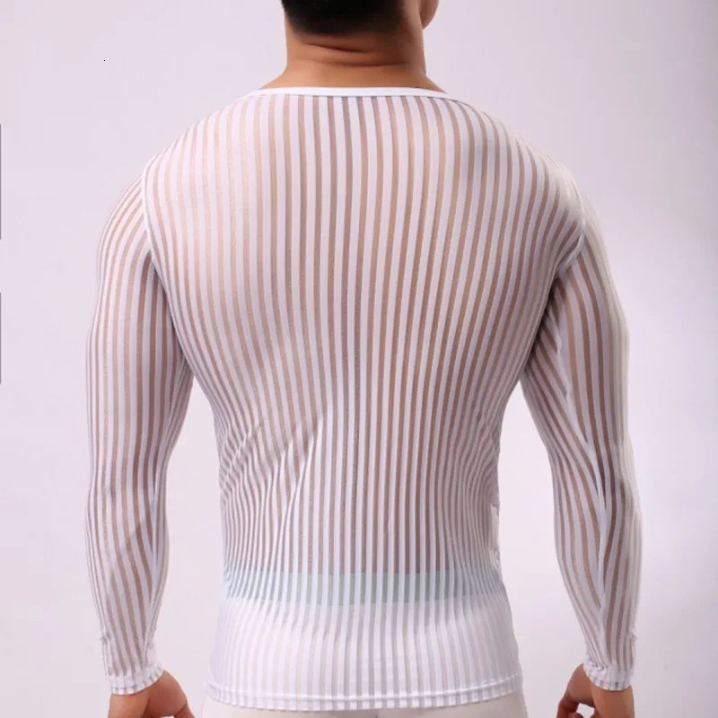 Mens Stripe Undershirt Breathable Slim Mesh Tees Shirt See Through Sheer Long Sleeves T Shirts Sexy Transparent Underwear 240129