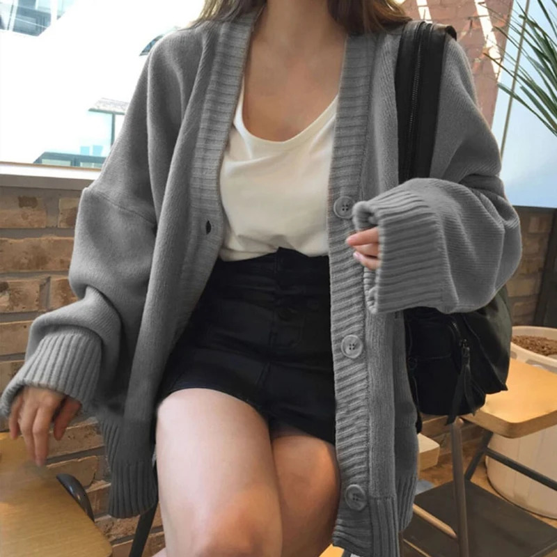 Autumn Womens Sweater Fashion Vneck Vintage Knitted Cardigan Korean Loose Solid Sweaters Female 240130