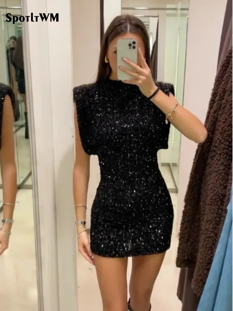 Silm Shoulder Pads Sequin Mini Dress For Woman Elegant Round Neck Sleeveless Female Black Dresses Winter Hoilday Party Prom Gown 240126