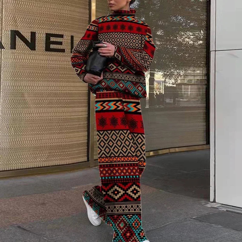 Autumn Winter Warm Pants Sets Fashion Printing Half High Collar Long Sleeve Casual Loose Long Pants Suit Streetwear Oversize 240122