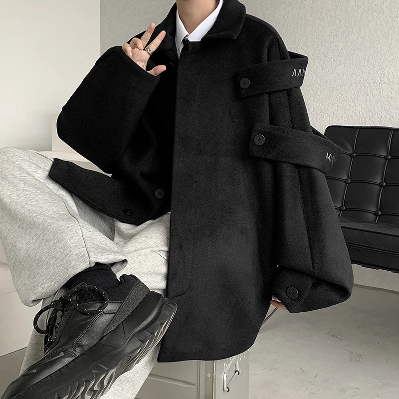 Gmiixder Streetwear Woolen Coat Mens Autumn Winter Minority Lapel Jacket American Retro Loose Casual Asymmetrical Jacket 240127