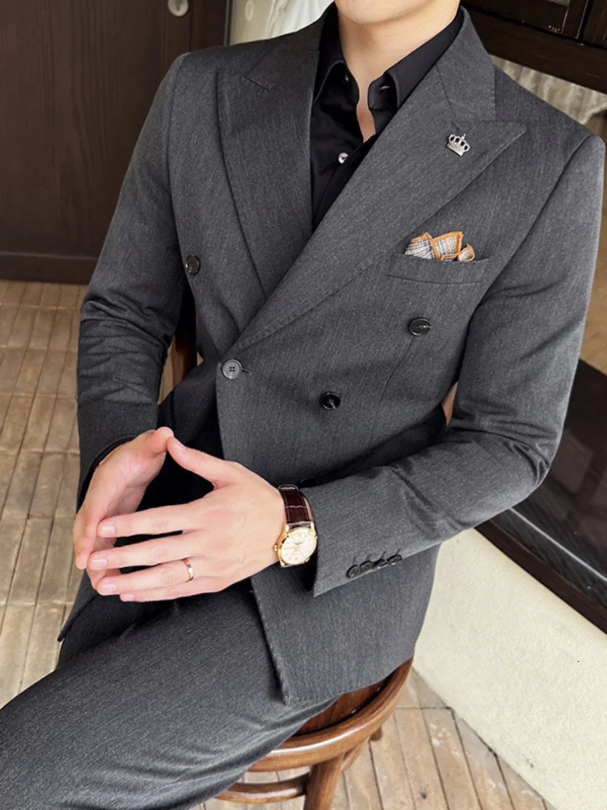 Korean Slim Fitt Double Breasted Suit Jacket Men Clothing Autumn Casual Business Blazers Office Social Wedding Dress Coat 240201