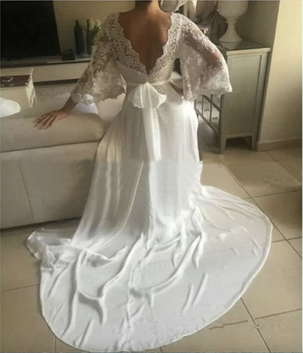 Bohemian Dresses Illusion Lace Gown Backless Long Sleeve Deep V Neck Wedding Gowns Boho Chiffon Plus Size Beach Bridal Dress 0509