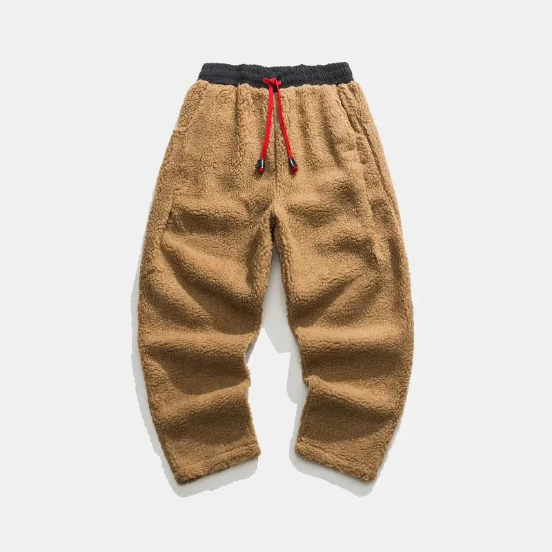 Winter Men Solid Color Fleece Pants Male Vintage Fashion Thick Oversized Harem Pants Men Lamb Wool Warm Trousers 240126