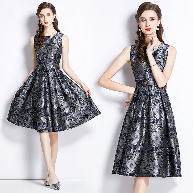 High QUALITY est Runway Dress Vintage Temperament Gold Silk Jacquard Sleeveless Vestidos 210520