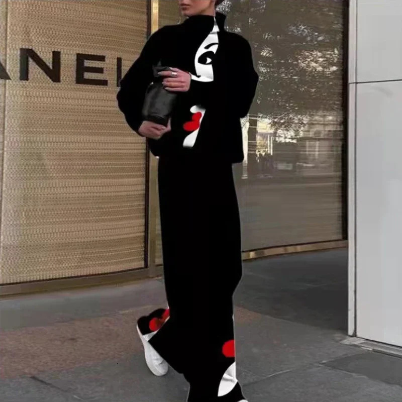 Autumn Winter Warm Pants Sets Fashion Printing Half High Collar Long Sleeve Casual Loose Long Pants Suit Streetwear Oversize 240122