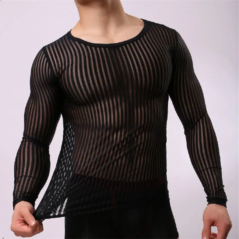 Mens Stripe Undershirt Breathable Slim Mesh Tees Shirt See Through Sheer Long Sleeves T Shirts Sexy Transparent Underwear 240129