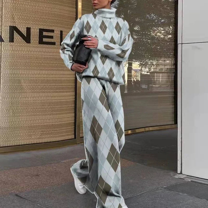 Autumn Winter Warm Pants Sets Fashion Printing Half High Collar Long Sleeve Casual Loose Long Pants Suit Streetwear Oversize 240122