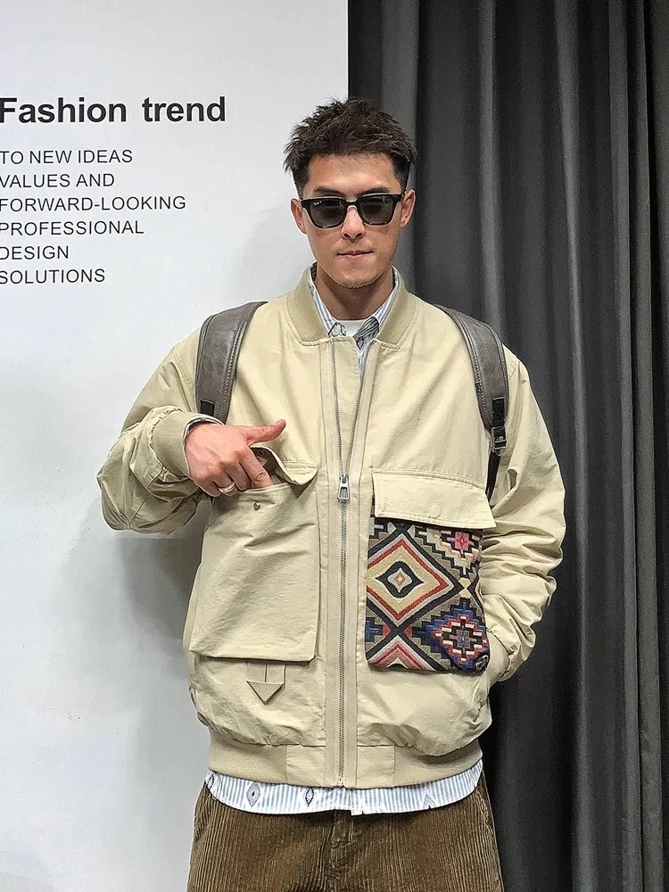 Bomber Jacket Men Japanese Baseball Coat Spring Autumn Ne'w Fashion Streetwear Pockets Hatless Pilot Jacket Top Men's Clothing 240126
