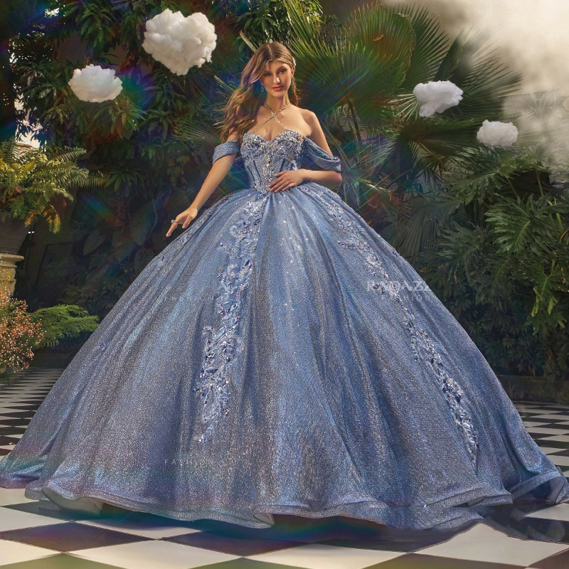 Navy Blue Shiny Sweetheart Quinceanera Dresses Off the Shoulder Lace Applique Tulle Beads Ball Gown Birthday Party Sweet 16 Vestidos De 15 Anos