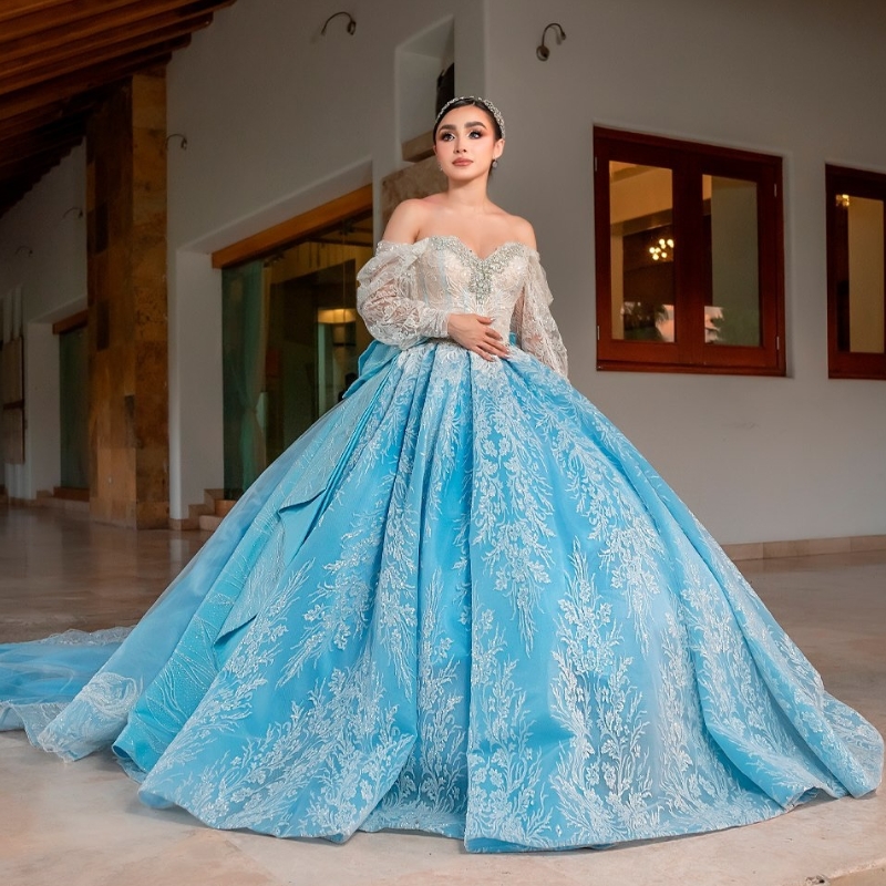 Off the Shoulder Quinceanera Appliques Beads 2024 Ball or Length Sweep Train Lace Up Bridal Gown