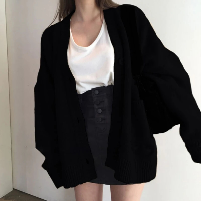Autumn Womens Sweater Fashion Vneck Vintage Knitted Cardigan Korean Loose Solid Sweaters Female 240130
