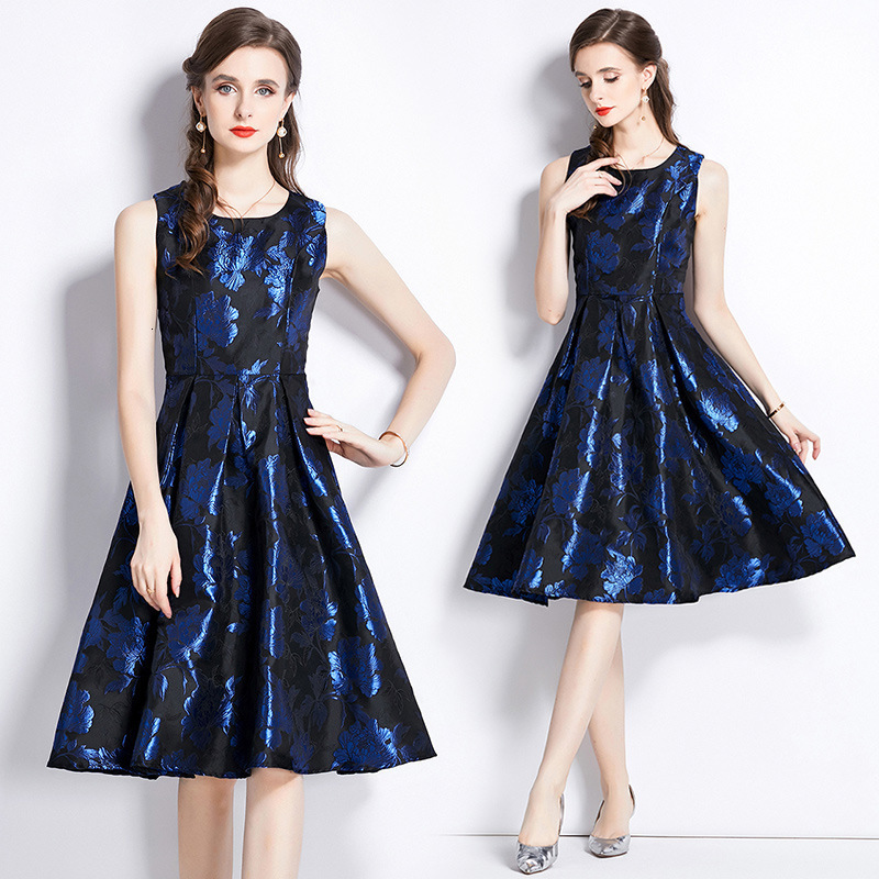 High QUALITY est Runway Dress Vintage Temperament Gold Silk Jacquard Sleeveless Vestidos 210520