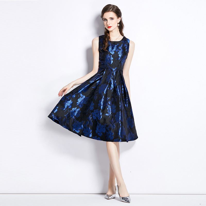 High QUALITY est Runway Dress Vintage Temperament Gold Silk Jacquard Sleeveless Vestidos 210520