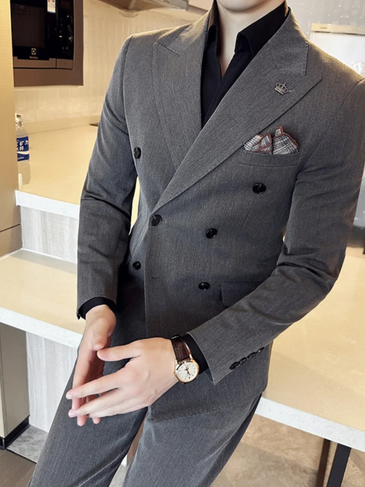 Korean Slim Fitt Double Breasted Suit Jacket Men Clothing Autumn Casual Business Blazers Office Social Wedding Dress Coat 240201