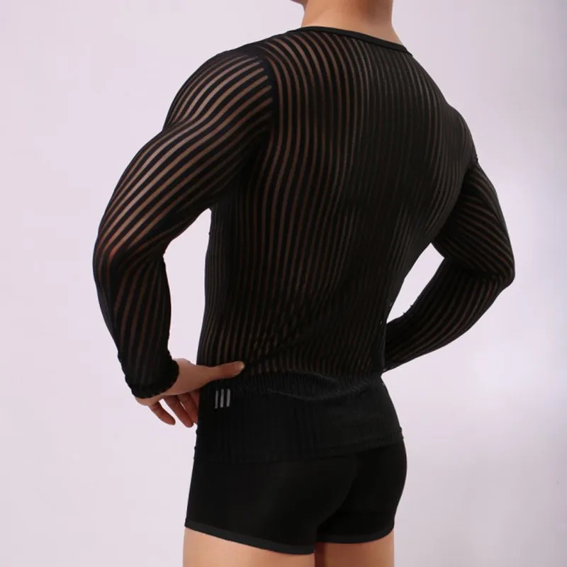 Mens Stripe Undershirt Breathable Slim Mesh Tees Shirt See Through Sheer Long Sleeves T Shirts Sexy Transparent Underwear 240129
