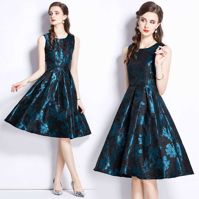 High QUALITY est Runway Dress Vintage Temperament Gold Silk Jacquard Sleeveless Vestidos 210520