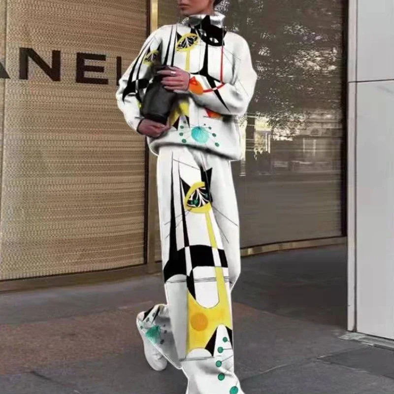 Autumn Winter Warm Pants Sets Fashion Printing Half High Collar Long Sleeve Casual Loose Long Pants Suit Streetwear Oversize 240122