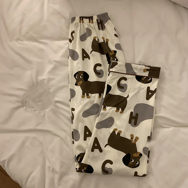 Spring Summer Cute Womens Pajamas Set Dachshund Print Cotton Two Pieces Short Sleeve Tops Full Length Pants Sleepwear 3991 240201
