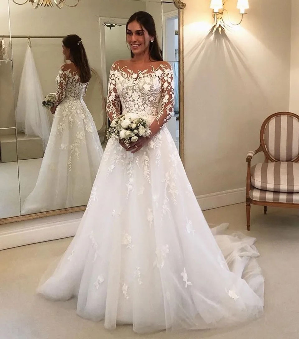 Elegant A-e Long Sleeve Wedding Dress with Applique Beaded Tulle Customizable Zipper Closure - Plus Size Available