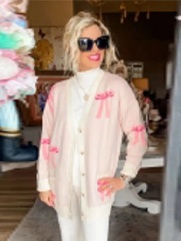 Pink Bow Knitted Cardigan For Women Vneck Long Sleeve Single Breasted Sweater Lady Fashion Warm High Street Outerwear 240130