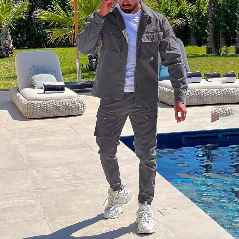 Mens Jacket Cargo Pants Set with Pocket Button Spring Autumn Tracuit High Quality Solid Color Male Fashion 2 Pieces Suit#wzc