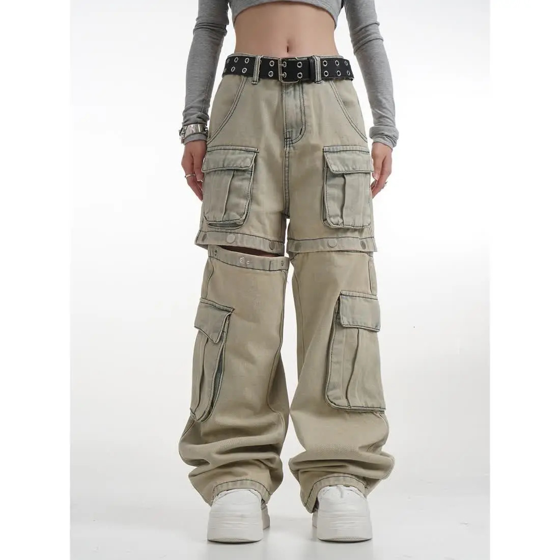 High Street Retro Casual Wide Leg Multi Pocket Loose y2k Jeans Women streetwear hiphop cargo pants korean style women sweatpants 240126