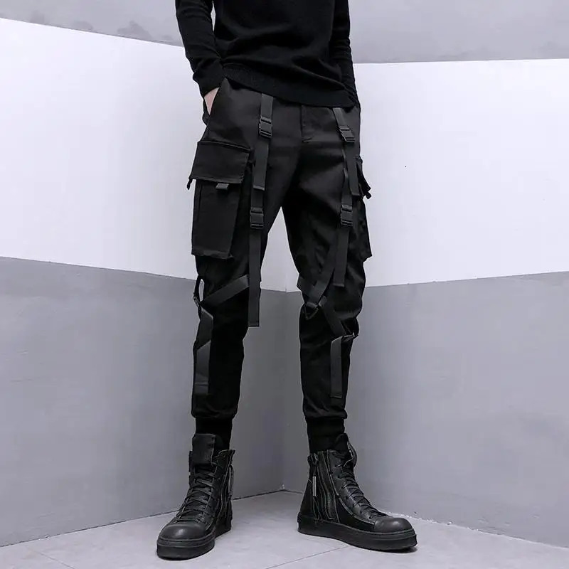 Spring Men Black Cargo Pants Men Ribbon Pocket Trousers Male Japanese Streetwear Hip Hop Harajuku Fashion Harem Pants 240126