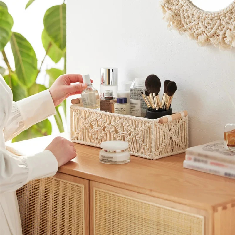 Macrame Storage Baskets Boho Decor Box Handmade Woven Decorative Countertop Toilet Tank Shelf Cabinet Organizer for Bedroom 240119