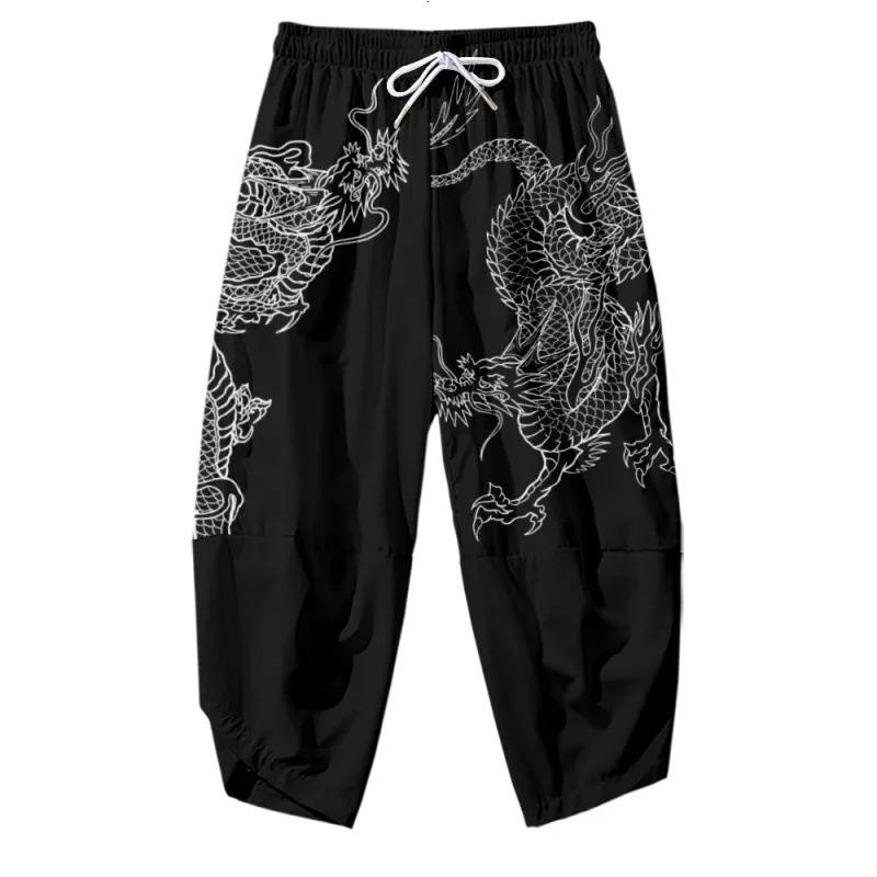 Cartoon Chinese Dragon Printed Black Men Japanese Harem Trousers Casual Elastic Waist Kimono Cropped Pants Streetwear 240126