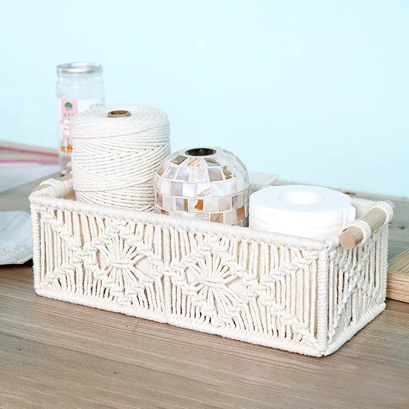 Macrame Storage Baskets Boho Decor Box Handmade Woven Decorative Countertop Toilet Tank Shelf Cabinet Organizer for Bedroom 240119