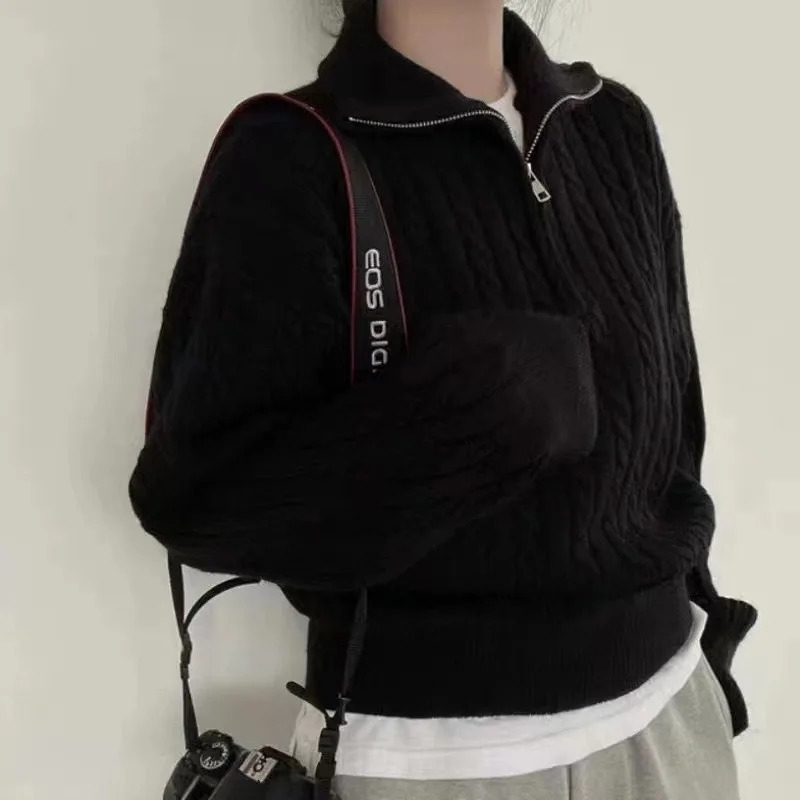 Autumn Oversize Knitted Sweater Women Vintage Pullover Baggy Long Sleeve Zipper Sweaters Lady Half High Collar Korean 240130