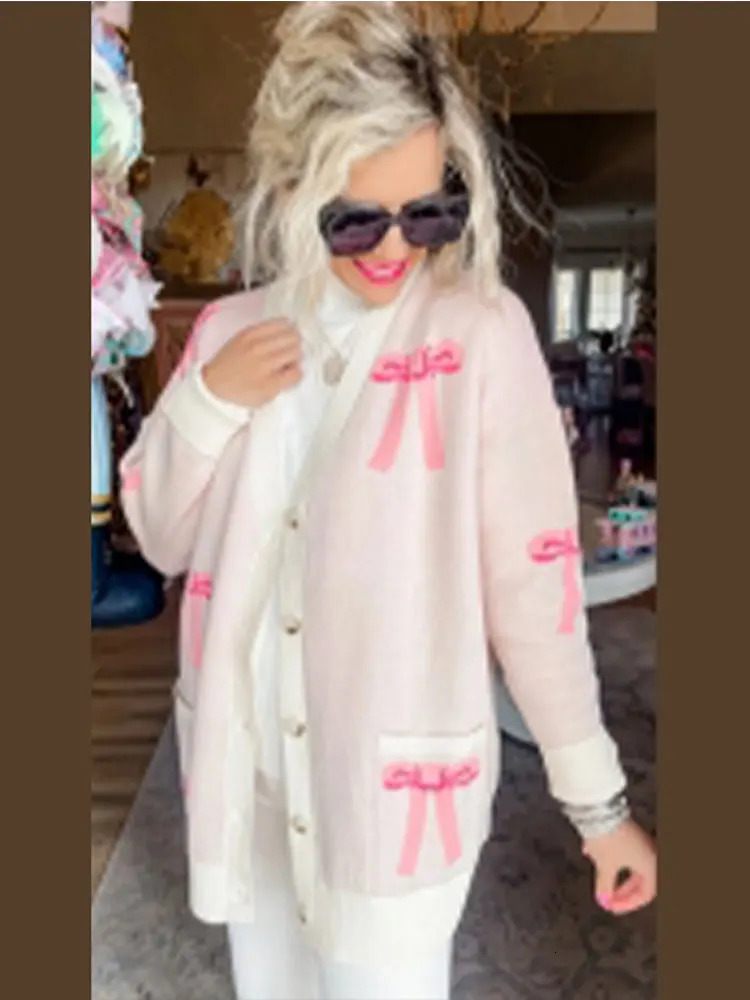 Pink Bow Knitted Cardigan For Women Vneck Long Sleeve Single Breasted Sweater Lady Fashion Warm High Street Outerwear 240130