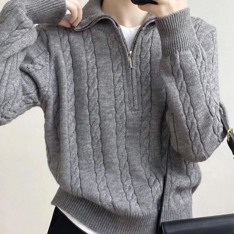 Autumn Oversize Knitted Sweater Women Vintage Pullover Baggy Long Sleeve Zipper Sweaters Lady Half High Collar Korean 240130