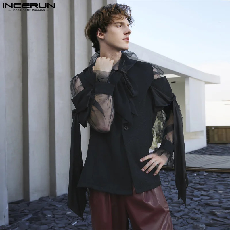 Mens Blazer Patchwork Lapel Off Shoulder Short Sleeve One Button Suits Men Streetwear Fashion Casual Thin Coats INCERUN 240201