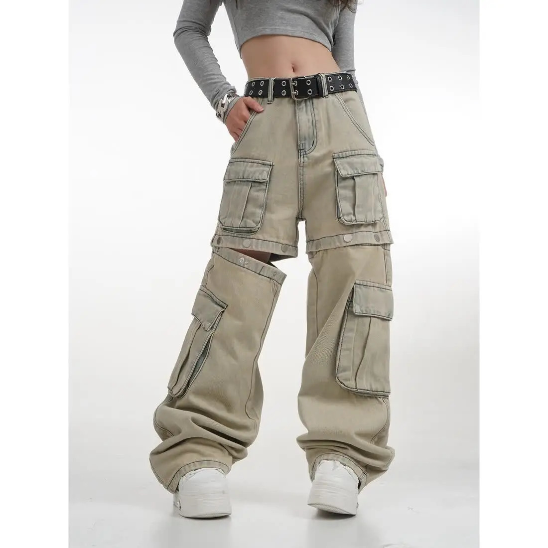 High Street Retro Casual Wide Leg Multi Pocket Loose y2k Jeans Women streetwear hiphop cargo pants korean style women sweatpants 240126