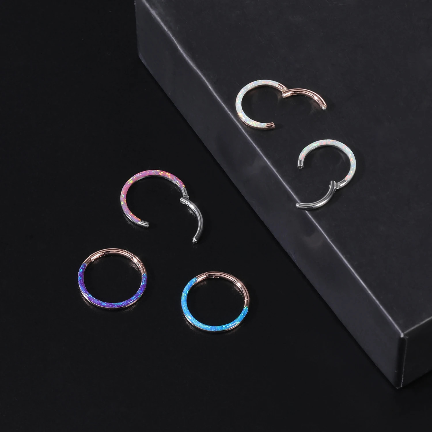 ZS 16G Blue Opal Nose Ring Stainless Steel Septum Clicker Piercing Rose Gold Color Hoop Earring Tragus 240130