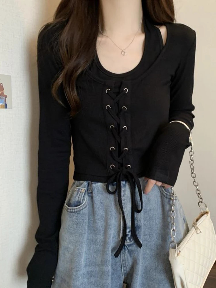 Sexy Halter Crop Top Women Spring Autumn Long Sleeve Bandage Tshirts Female Korean Fashion Vintage Spicy Girl Slim Y2k Clothes 240201