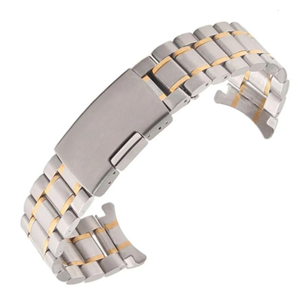 Curved End Watch Band Solid Stainless Steel Watch Strap 16 18 20 22 24mm Replacement Wrist Bracelet Band Fold Buckle w Pins 240125