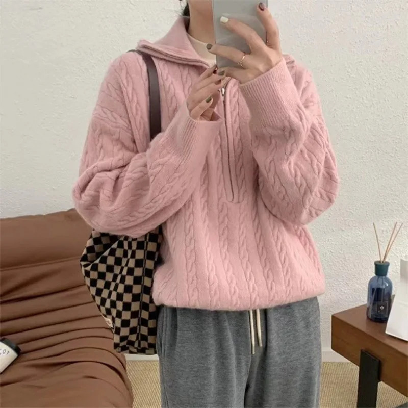 Autumn Oversize Knitted Sweater Women Vintage Pullover Baggy Long Sleeve Zipper Sweaters Lady Half High Collar Korean 240130