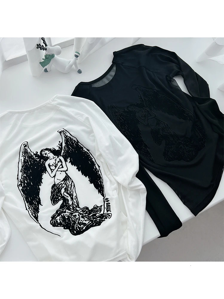 Autumn Women Vintage Gothic Harajuku Graphic Gauze ONeck TShirts See Through Tees Cyber Long Sleeve Crop Tops Gyaru Y2k Grunge 240127